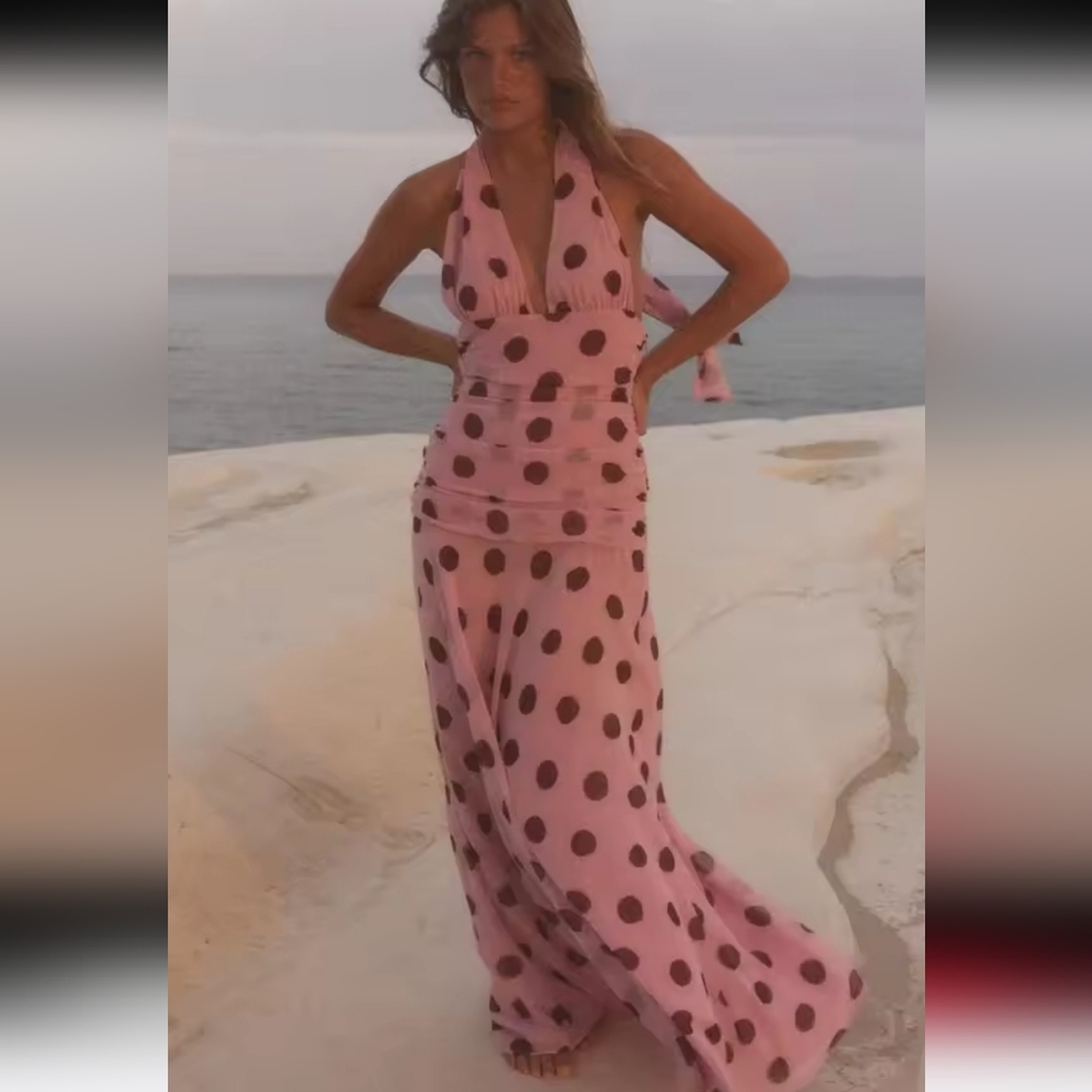 Polka Dot Printing Halter Maxi Dress WomenElegant Sleeveless Backless Skinny - Picture 7 of 10